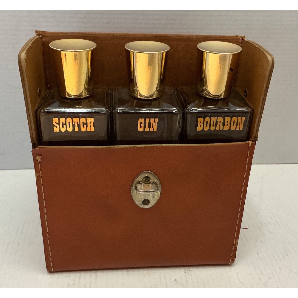 Vintage Travel Bar Set 3 Glass Decanters Bourbon Scotch Gin Faux Leather Case